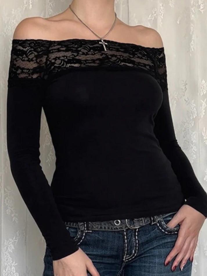 Lace Splice Off Shoulder Long Sleeve Tee - AnotherChill
