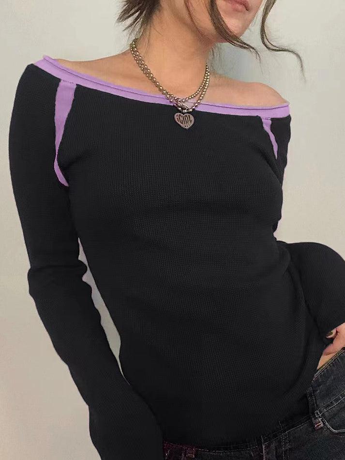 Contrast Color Off Shoulder Long Sleeve Tee - AnotherChill