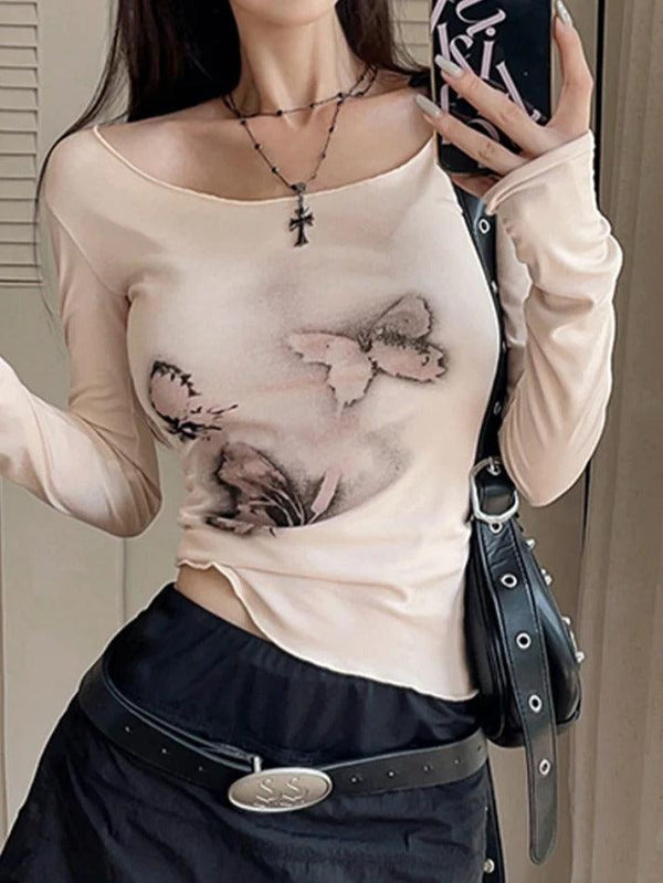 Off Shoulder Butterfly Print Slim Long Sleeve Tee - AnotherChill