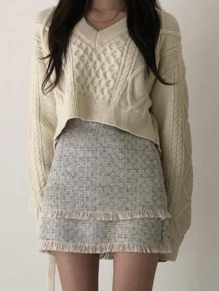 Solid V Neck Tie Back Loose Sweater - AnotherChill