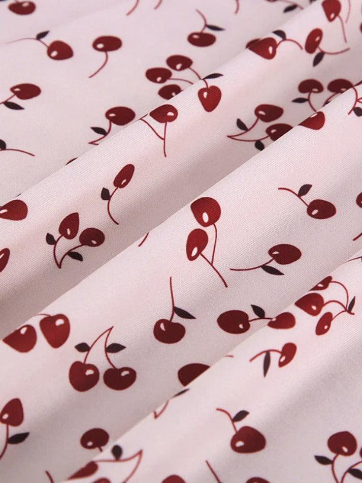Cherry Print Lace Splice V Neck Mini Dress - AnotherChill