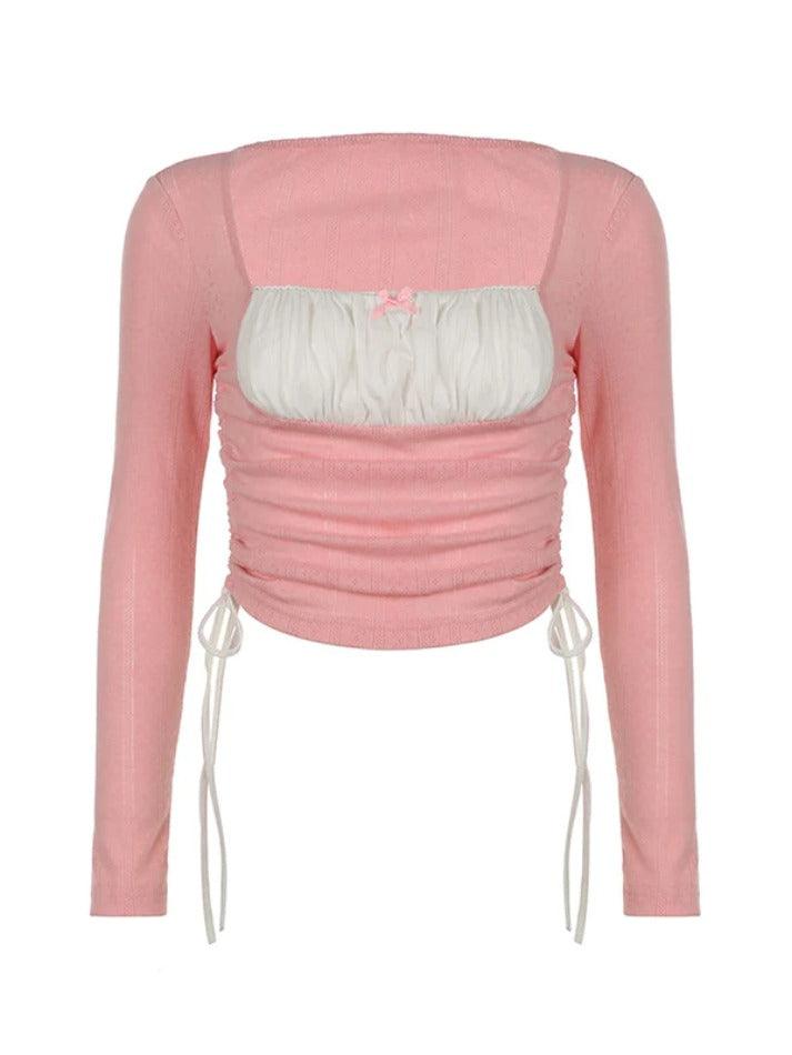 Square Neck Contrast Color Splice Drawstring Long Sleeve Knit - AnotherChill