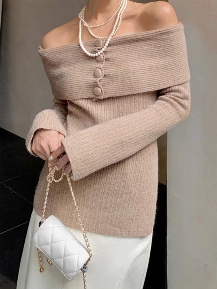 Solid Off Shoulder Slit Knit Sweater - AnotherChill