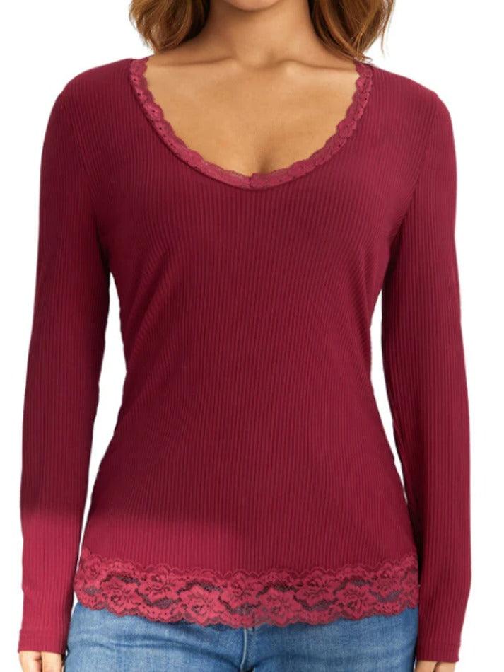 Solid Color Rib Lace Trim Slim Long Sleeve Knit - AnotherChill