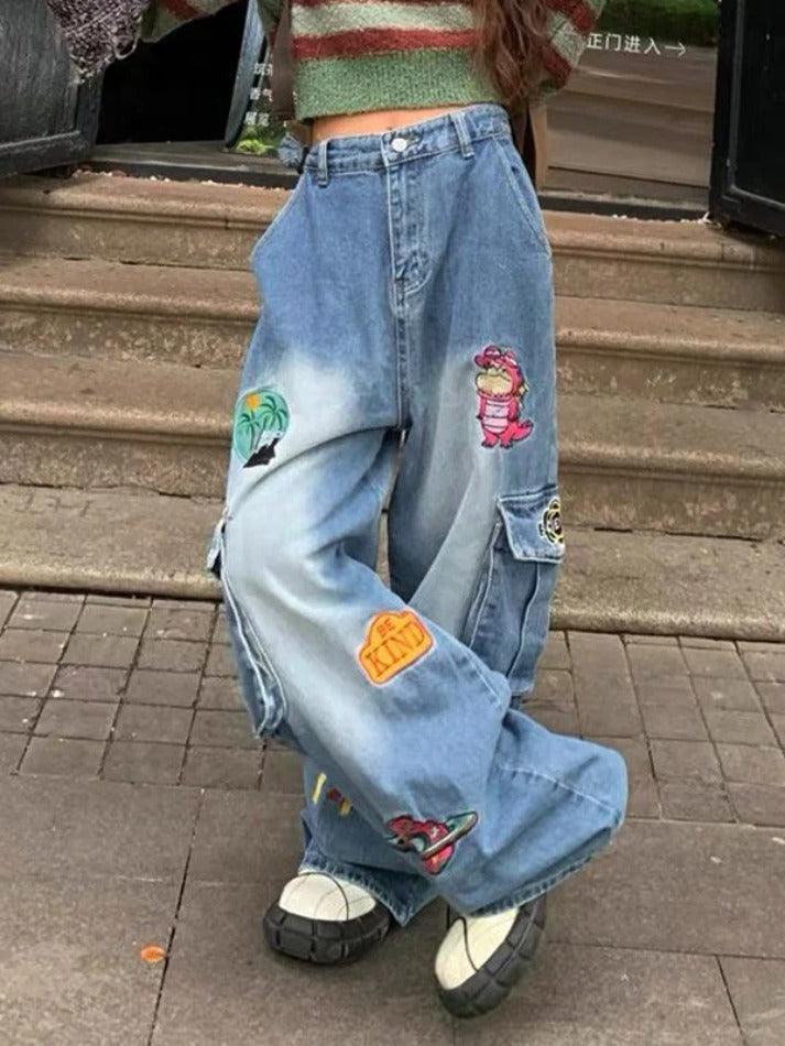 Vintage Cartoon Embroidery Big Pocket Boyfriend Jeans - AnotherChill