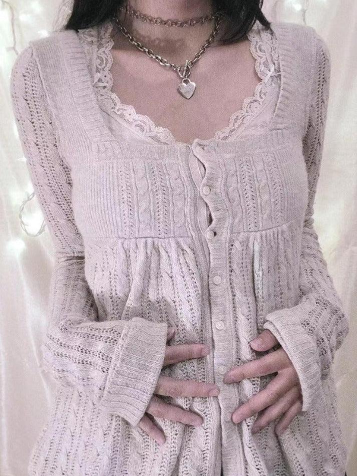 Solid Pointelle Square Neck Knit Cardigan - AnotherChill