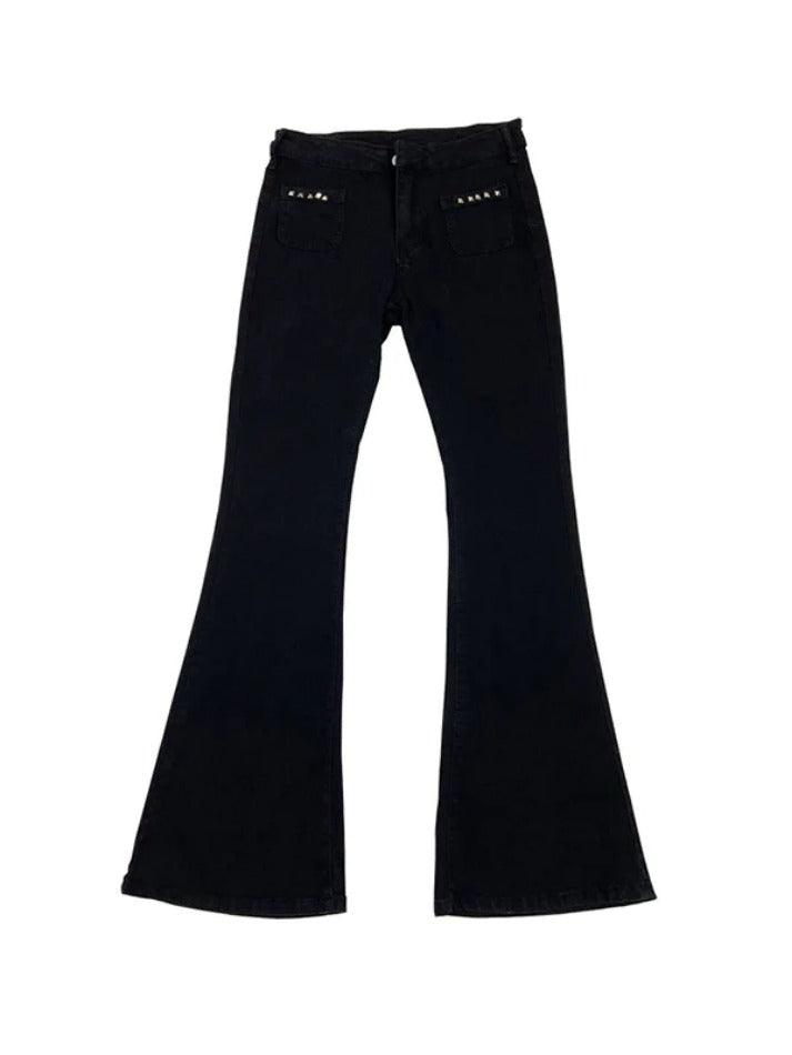 Low Rise Studded Elastic Flare Jeans - AnotherChill