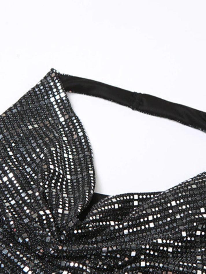 Sequin Stacked Neck Backless Halter Vest - AnotherChill
