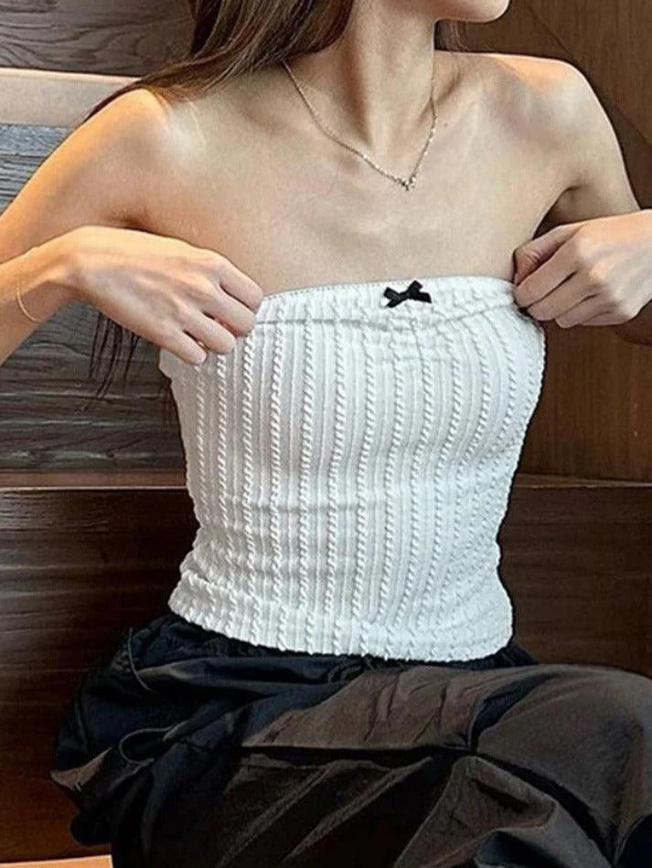Solid Textured Bow Bandeau Top - AnotherChill