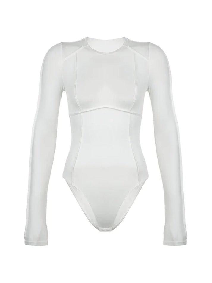 Solid Seam Detail Splice Long Sleeve Crew Neck Bodysuits - AnotherChill