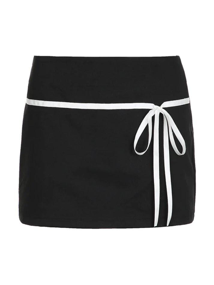 Contrast Tie Up Bow Splice Low Rise Mini Skirt - AnotherChill