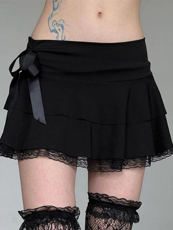 Bow Lace Splice Low Rise Tiered Mini Skirt - AnotherChill