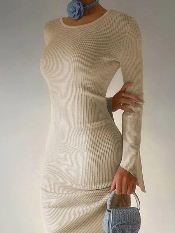 Solid Backless Crew Neck Long Sleeve Knit Midi Dress - AnotherChill