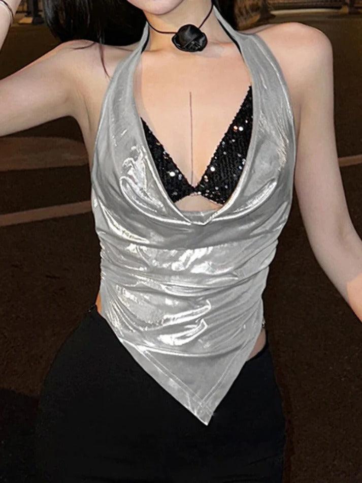 Metallic Sequin Halter Backless Tank Top - AnotherChill