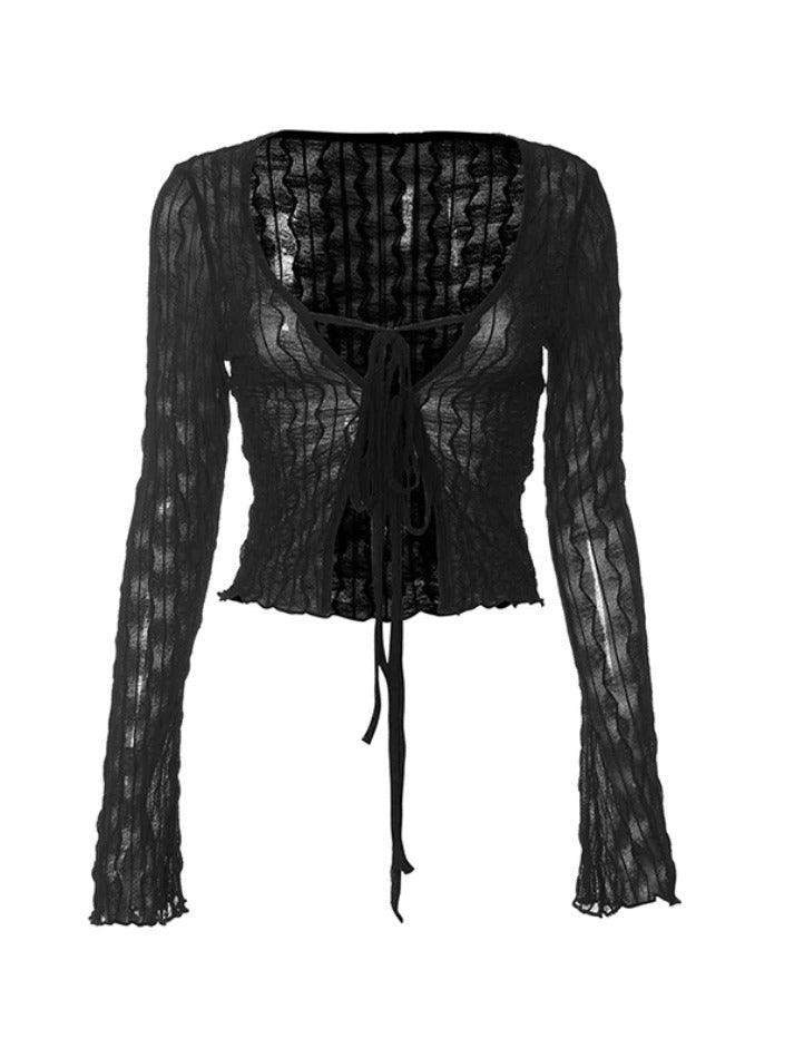 Perspective Mesh Lace Up Long Sleeve Blouse - AnotherChill