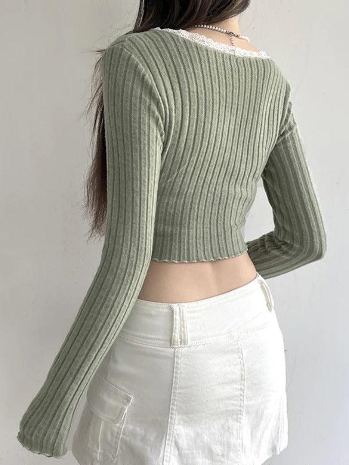 Lace Trim Notch Neck Irregular Cropped Long Sleeve Knit - AnotherChill