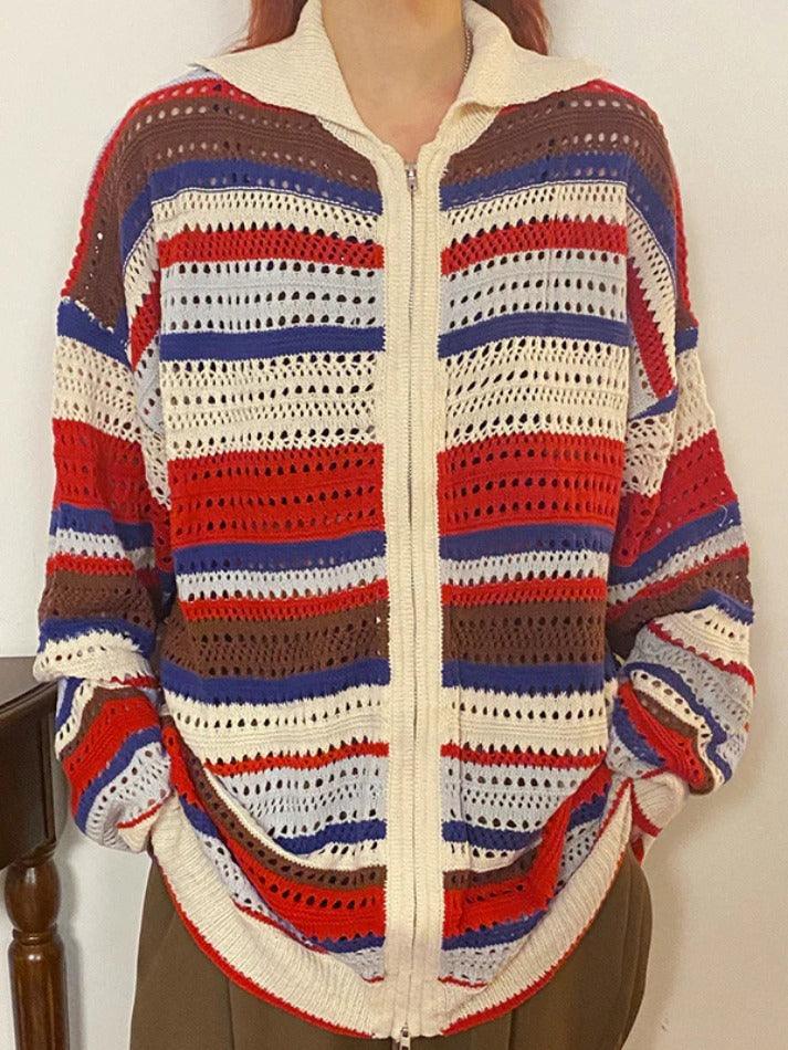 Colorful Stripe Cutout Lapel Neck Cardigan Long Sleeve Knit - AnotherChill