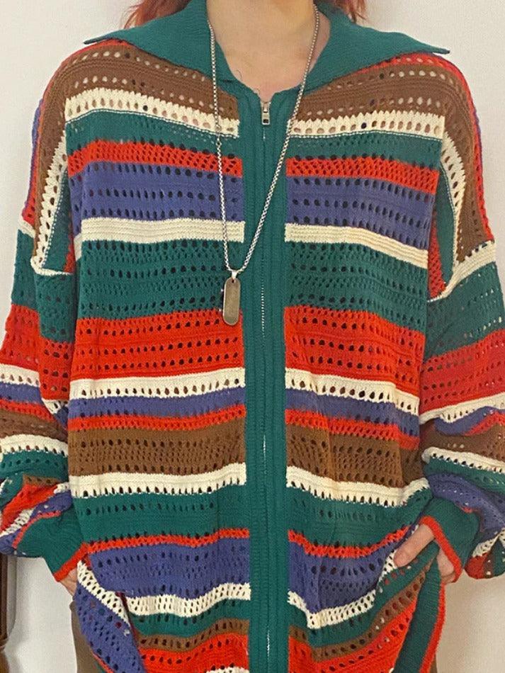 Colorful Stripe Cutout Lapel Neck Cardigan Long Sleeve Knit - AnotherChill
