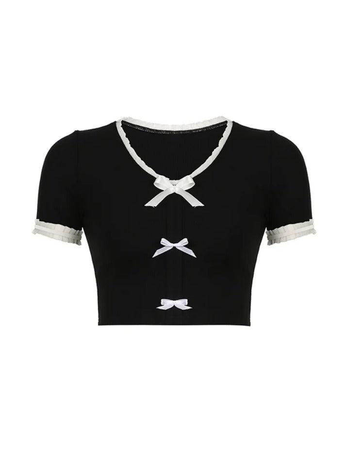 Contrast Color Fungus Bow Short Sleeve Knits - AnotherChill
