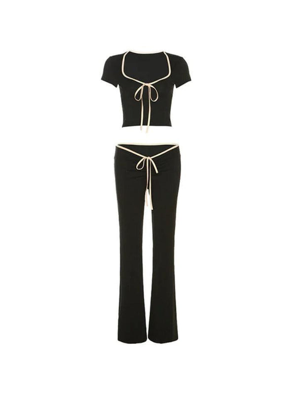 Contrast Color Trim Square Neck Tee & Low Rise Flare Pants Set - AnotherChill