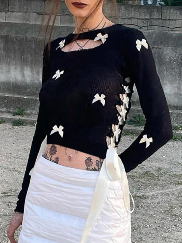 Cutout Lace Up Bow Embellished Long Sleeve Knit - AnotherChill