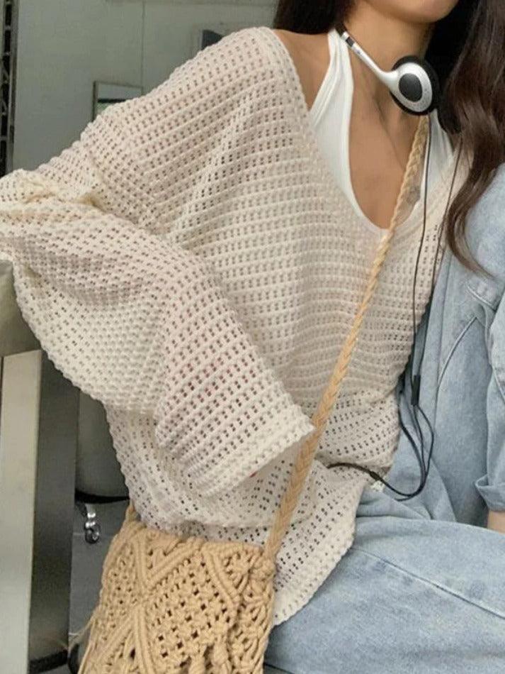 Cutout V Neck Loose Long Sleeve Knit - AnotherChill