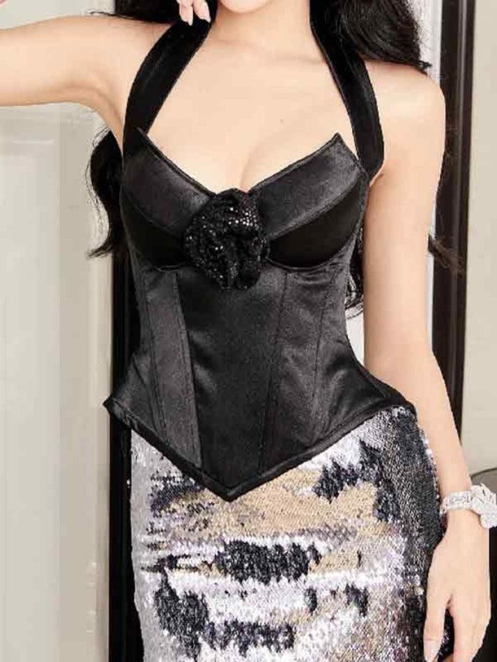 Three-dimensional Flower Decor V Neck Halter Corset Top - AnotherChill