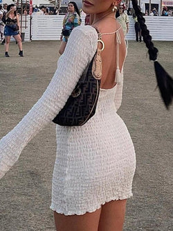 Solid Color Textured Lace Up Backless Mini Dress - AnotherChill
