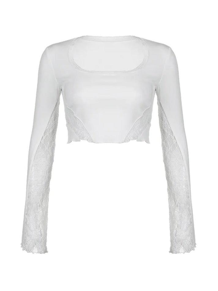 Lace Splice U Neck Cropped Long Sleeve Tee - AnotherChill