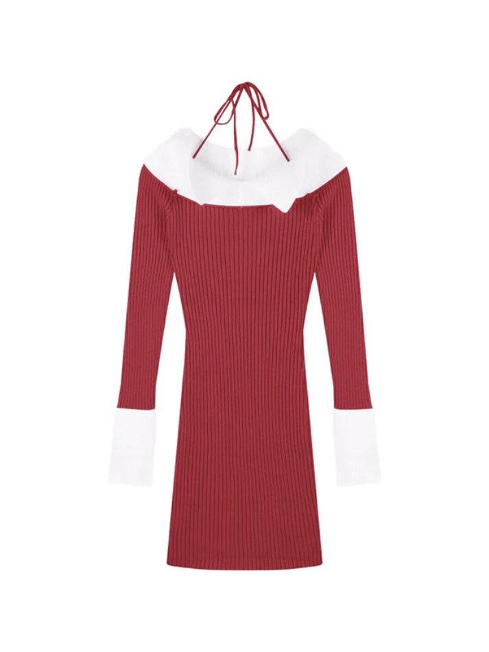 Halter Contrast Color Off Shoulder Knit Mini Dress - AnotherChill