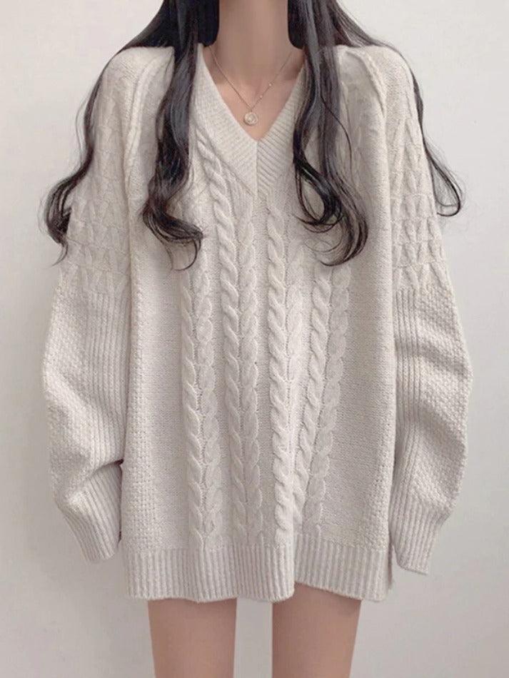 Solid Color V Neck Cable Knit Sweater - AnotherChill