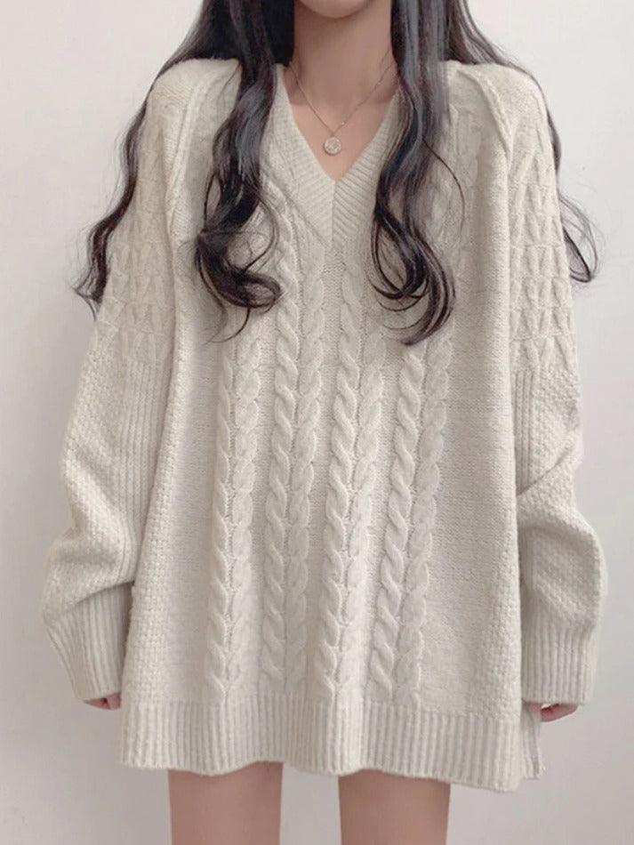 Solid Color V Neck Cable Knit Sweater - AnotherChill