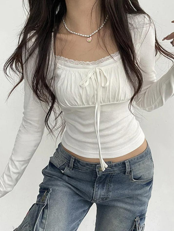 Lace Trim Shirred Lace Up Long Sleeve Tee - AnotherChill