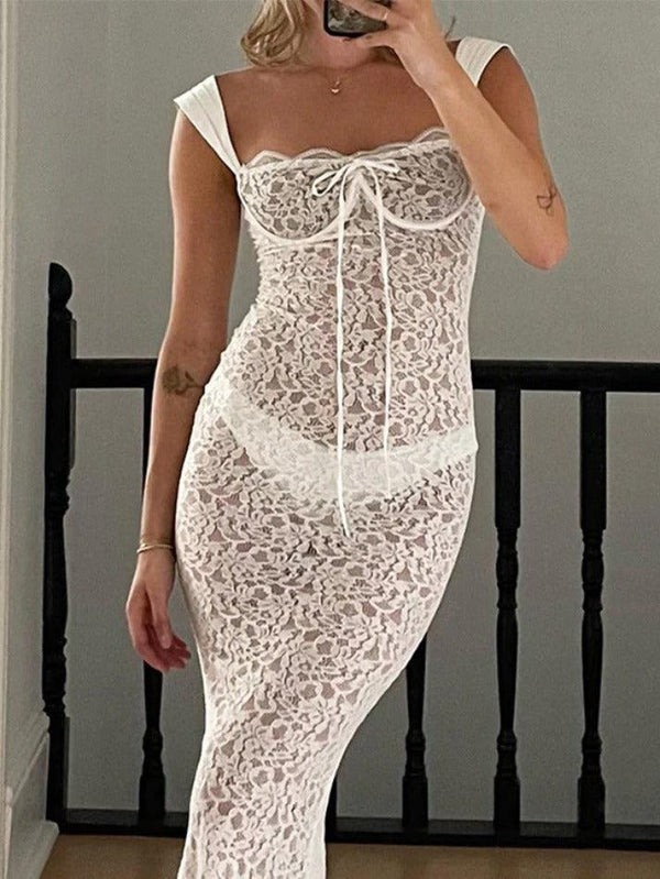See Through Lace Tie Front Mermaid Bodycon Maxi Dress - AnotherChill