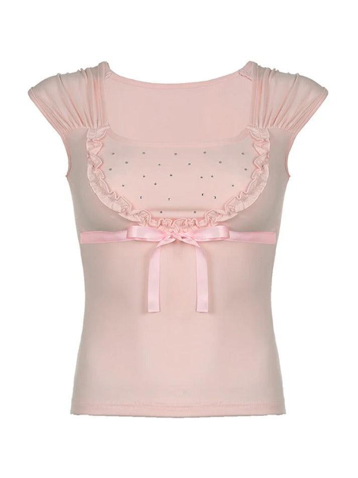 Bow Splice Rhinestone U Neck Short Sleeve Tee - AnotherChill