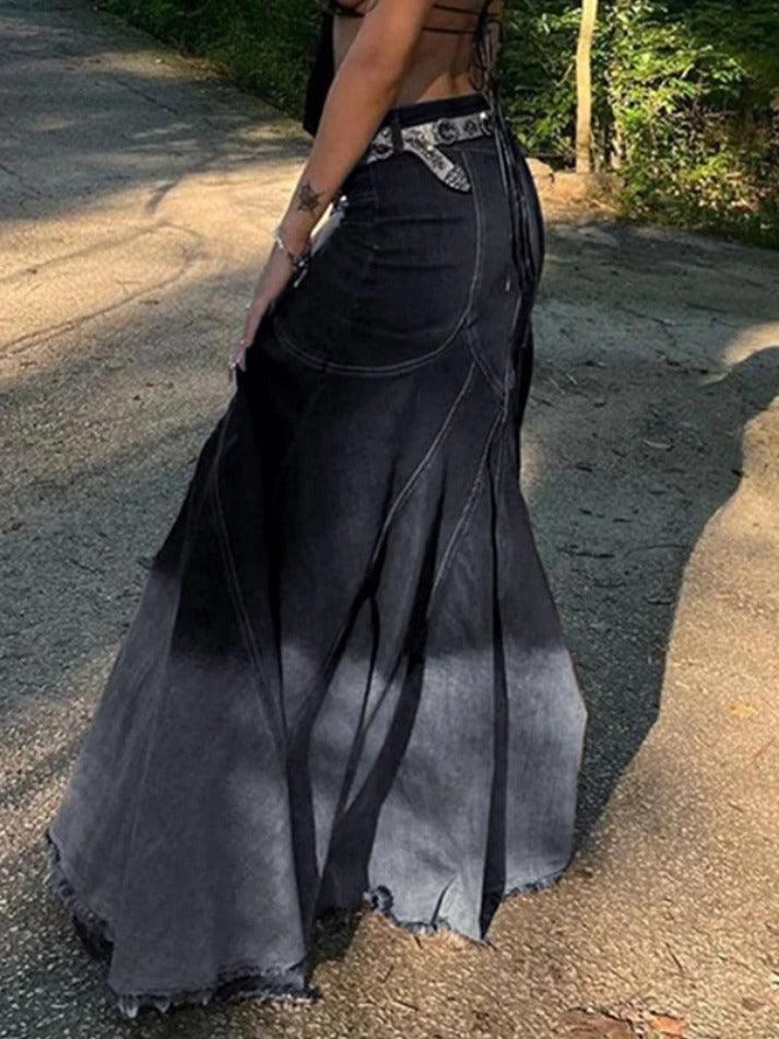 Vintage Ombre Splice Raw Hem Mermaid Denim Maxi Skirt - AnotherChill