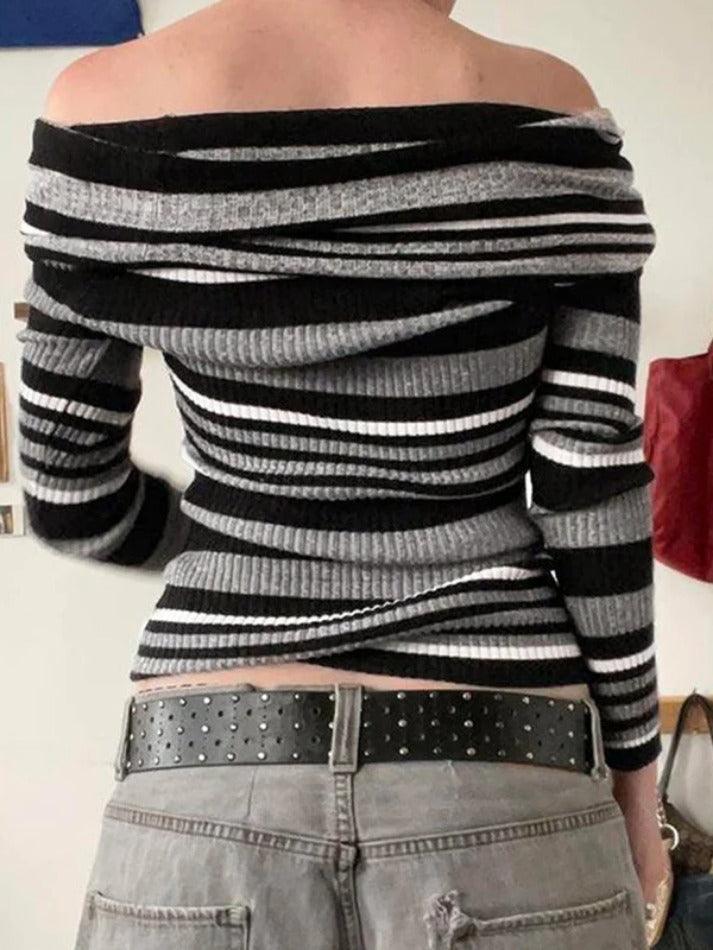 Contrast Color Striped Off Shoulder Slim Sweater - AnotherChill