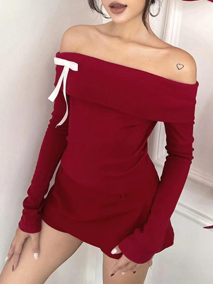 Contrast Bow Decor Off Shoulder Long Sleeve Tee - AnotherChill
