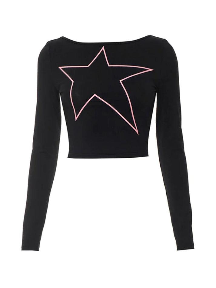 Star Print Cropped Backless Long Sleeve Tee - AnotherChill