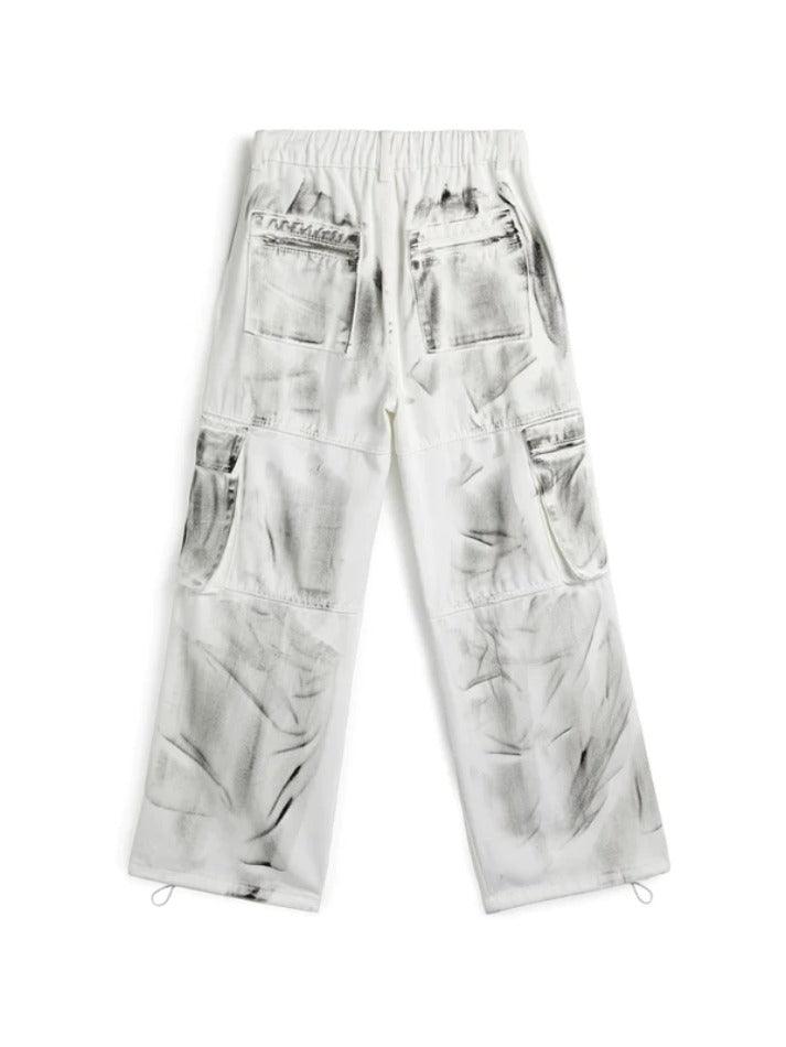 Washed Tie Dye Multi Pocket Lace Up Cargo Jeans - AnotherChill
