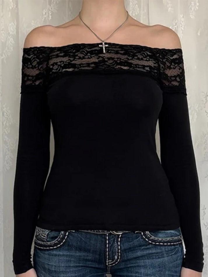 Lace Splice Off Shoulder Long Sleeve Tee - AnotherChill
