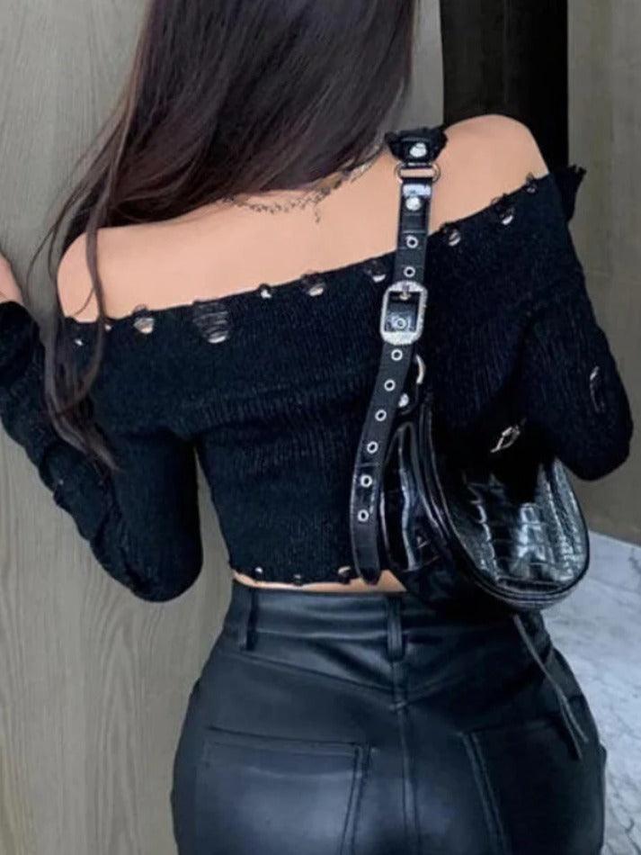 Solid Tattered Off Shoulder Long Sleeve Knit - AnotherChill