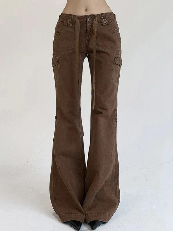Vintage Brown Button Lace Up Flare Jeans - AnotherChill