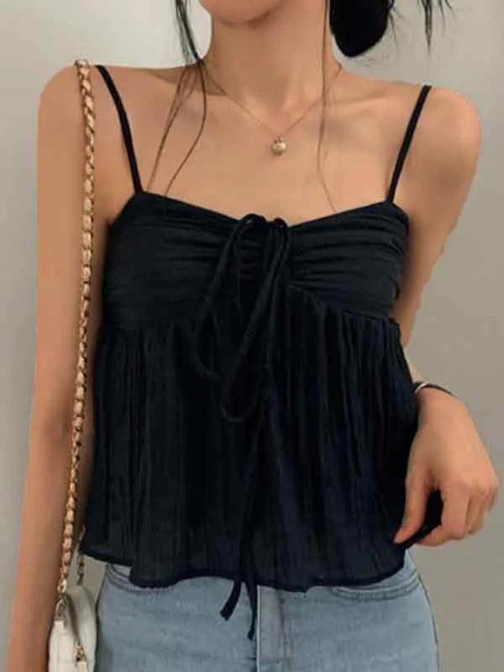 Solid Color Pleated Lace Up Cami Top - AnotherChill
