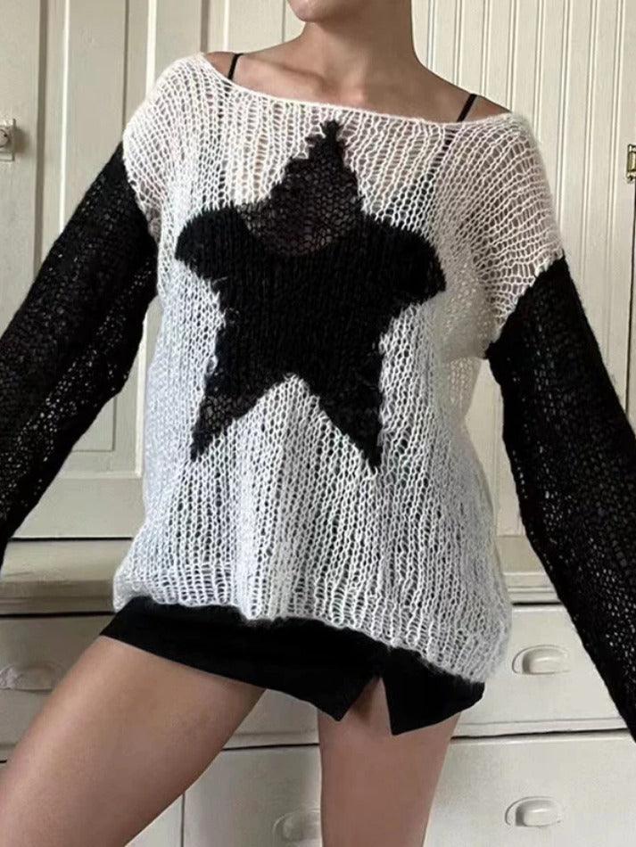 Contrast Color Star Baggy Smock Sweater - AnotherChill