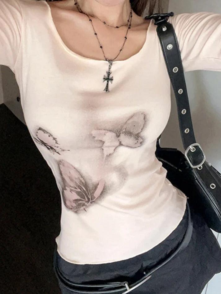Off Shoulder Butterfly Print Slim Long Sleeve Tee - AnotherChill