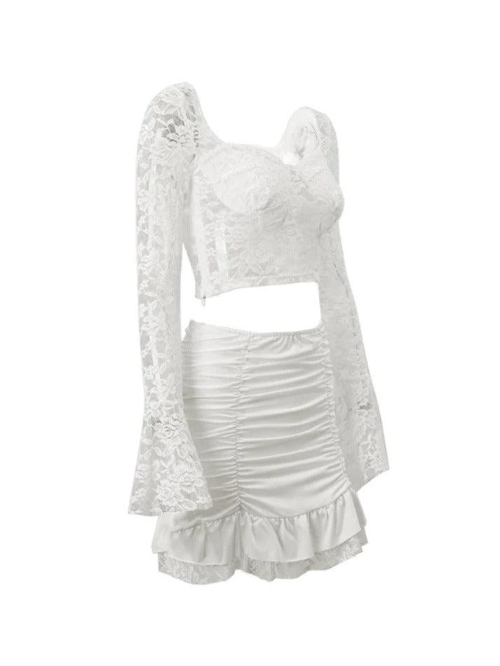 Lace Low Cut Square Neck Tee & Ruched Mini Skirt Set - AnotherChill