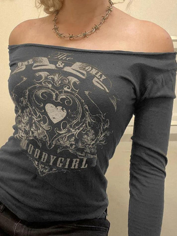 Vintage Heart Print Off Shoulder Long Sleeve Tee - AnotherChill