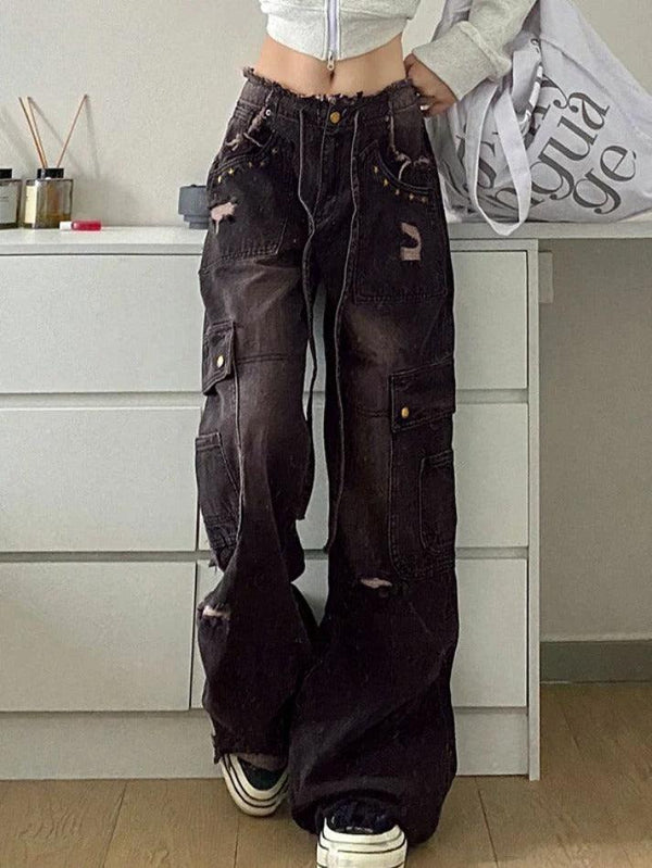 Vintage Distressed Studded Ripped Cargo Jeans - AnotherChill