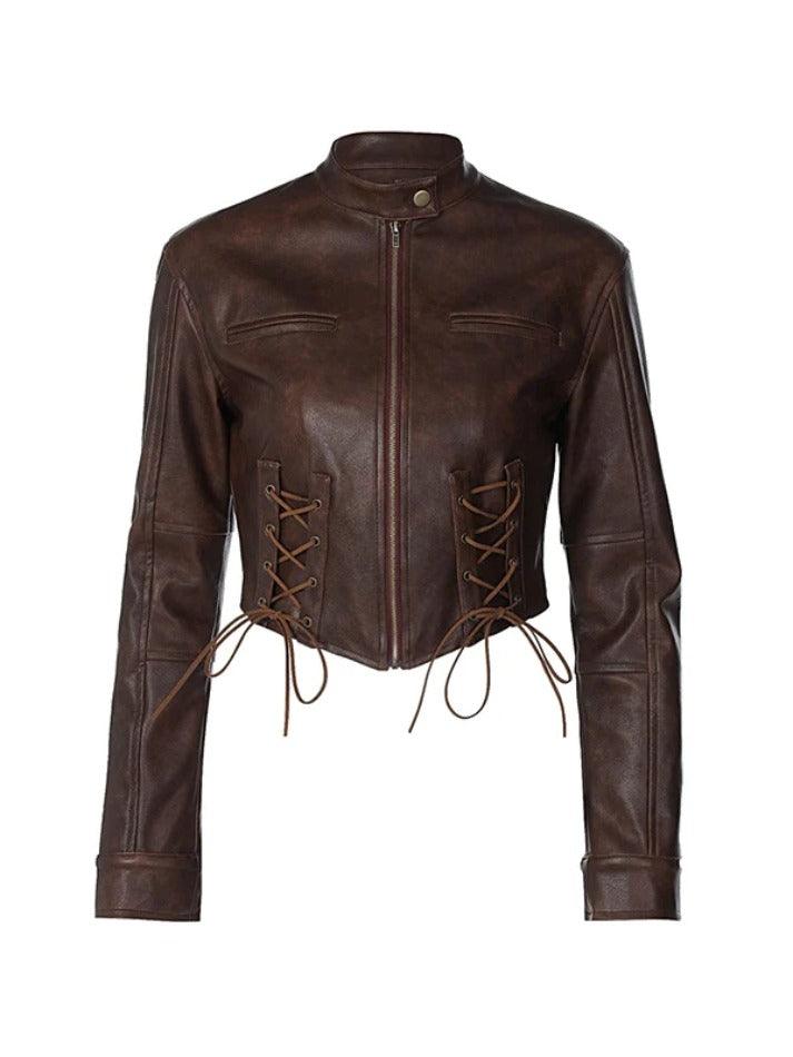 Street Tie Front Slim Motorcycle Leather Jacket - AnotherChill
